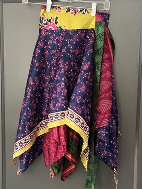 Boho reversible Sari Handkerchief Hem Skirt - Navy, Pink & Yellow